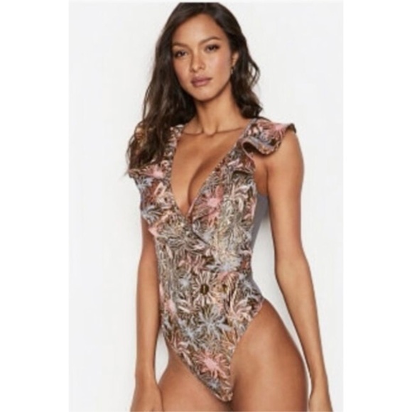 Victorias Secret Bodysuit Womens Large Pink Metallic Sheer Brocade Coquette NEW - Picture 1 of 16